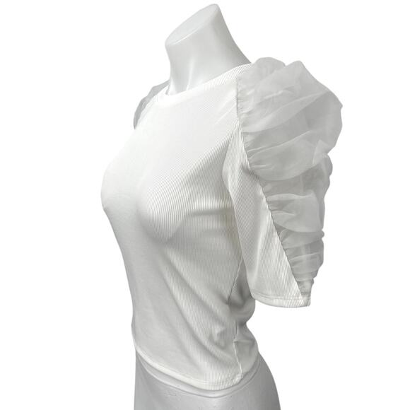 Zara Women's White Puff Sleeve Mesh Ruched Ribbed Knit Pullover Blouse Top Sz S - Picture 2 of 6